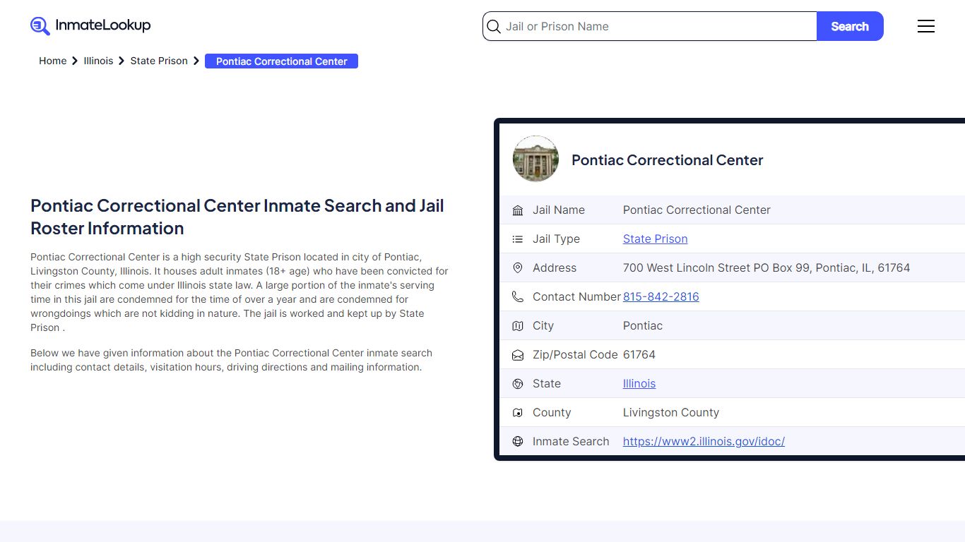 Pontiac Correctional Center Inmate Search, Jail Roster, Bookings ...